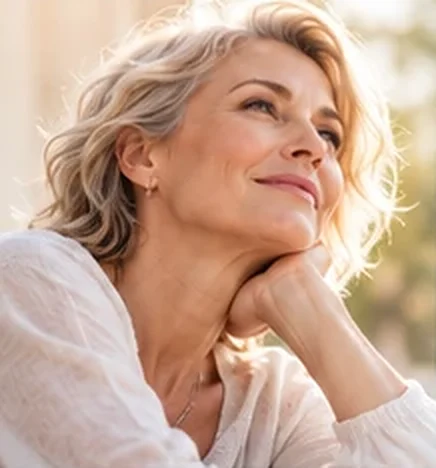 Woman smiling with her hand on her chin