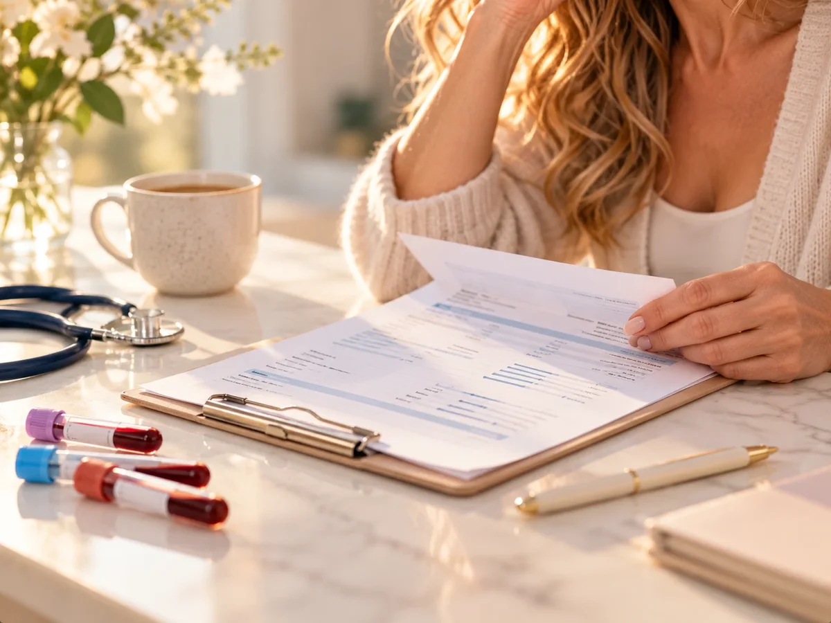 Woman reviewing her lab results and intake forms